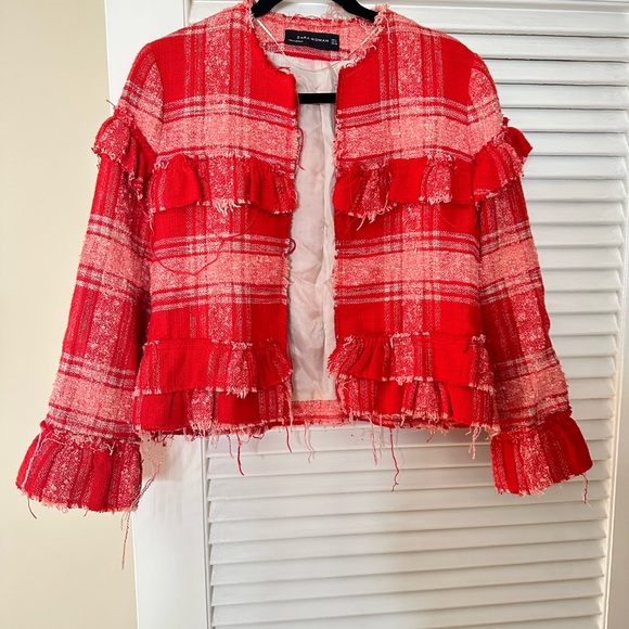 Zara women’s frayed ruffle red and white open front tweed jacket size M - Picture 5 of 8